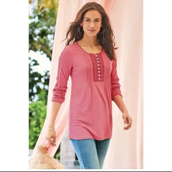 Soft Surroundings pink knit lace panel long sleeve tunic size medium O3 - Picture 1 of 10